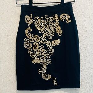 Floreat Black Paisley Paths Embroidered Pencil Skirt 0